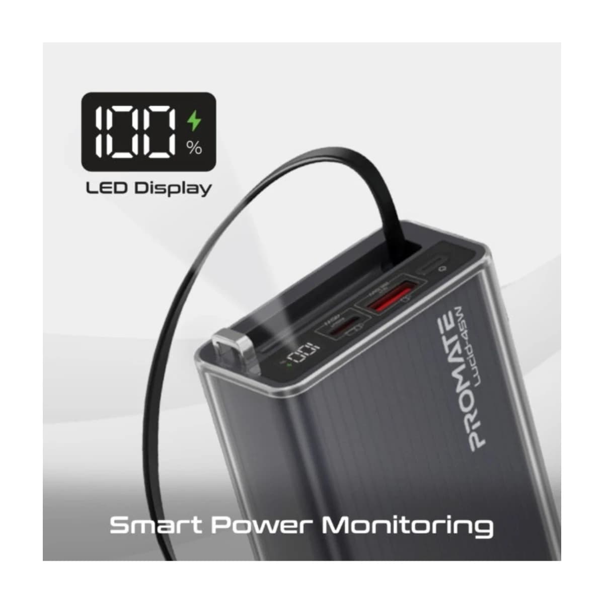 Promate 20000mAh Power Bank Lucid-45W with 45W USB-C PD Fast Charging, Retractable USB-C Cable, LED Digital Display, Triple Device Charging for iPhone, Galaxy, iPad & more thumbnail 3