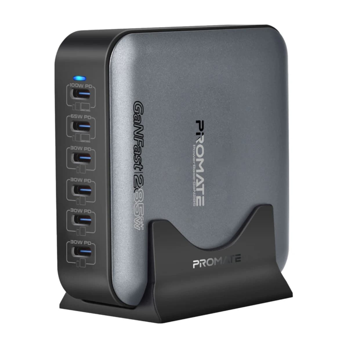 Promate Powerbase Gan285 285W GAN Charging Station 6 Port USB-C Desktop Charger with Pps 100W 65W 30W Outputs Overheat Protection Stand and 1 5m Cable for Macbook iPhone Galaxy UK Grey thumbnail 1