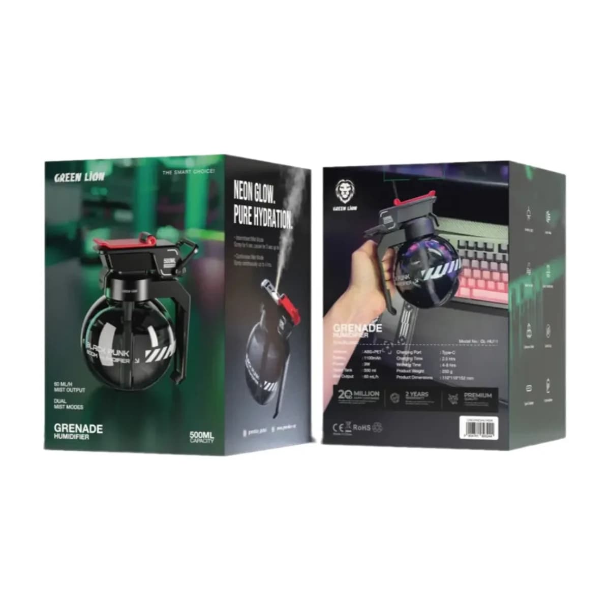 Buy Green Lion Grenade Humidifier with 500mL Tank, Dual Mist Modes, 1100mAh Battery, Type-C Charging, Quick Humidification, Cyberpunk Design, Nano Fine Mist, Quiet Operation, Black thumbnail 2