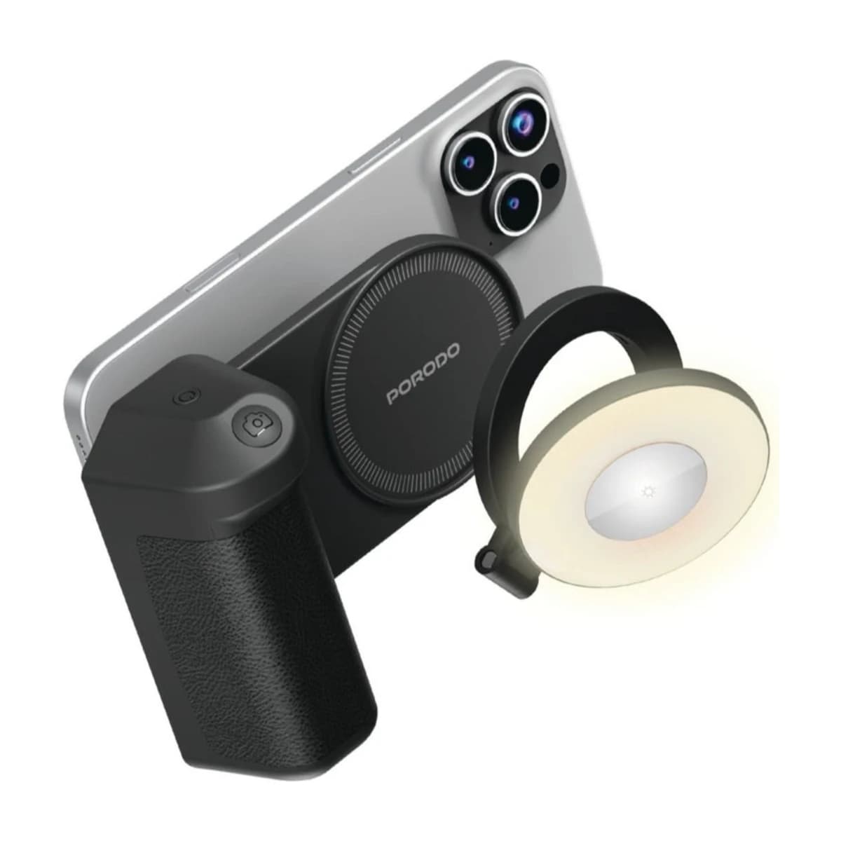 Porodo 4800 mAh SnapCharge MagSafe Power Bank with Camera Shutter Remote, Ring Light, Makeup Mirror, and Grip Stand - Black thumbnail 1
