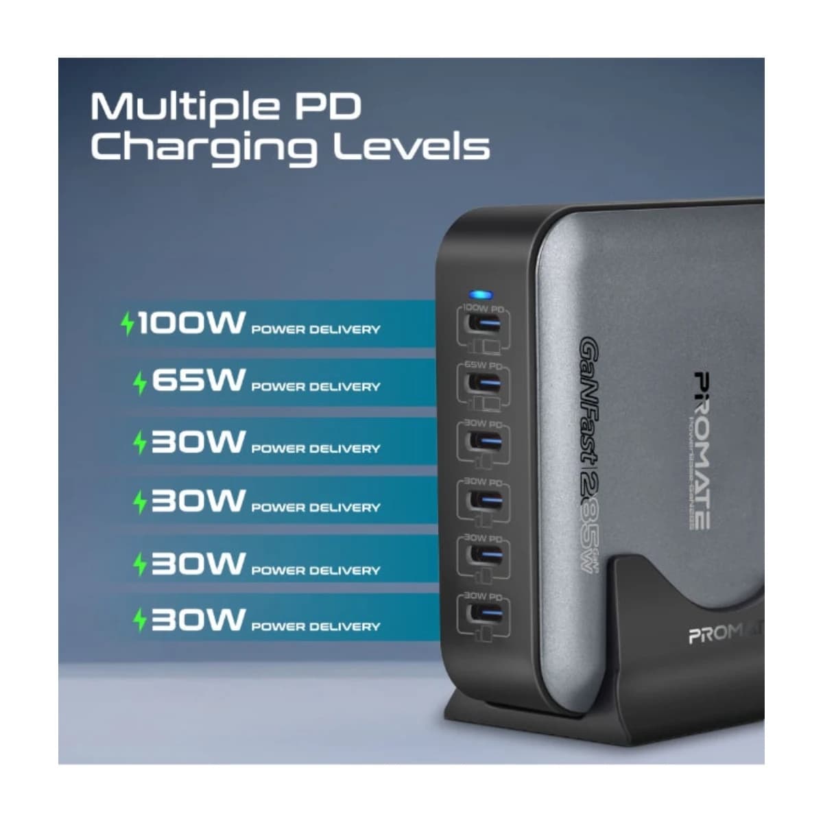 Promate Powerbase Gan285 285W GAN Charging Station 6 Port USB-C Desktop Charger with Pps 100W 65W 30W Outputs Overheat Protection Stand and 1 5m Cable for Macbook iPhone Galaxy UK Grey thumbnail 2