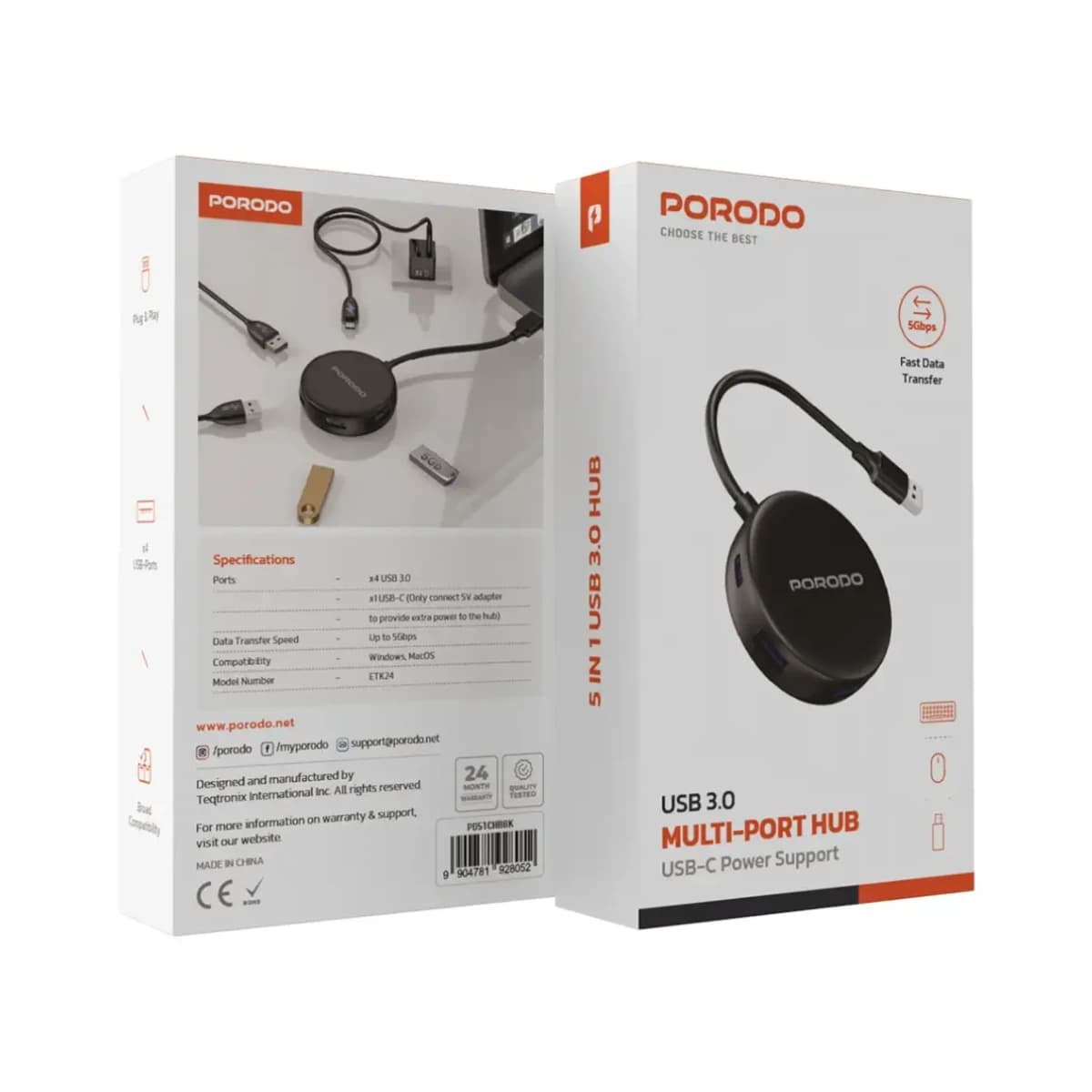 Porodo 5-in-1 USB 3.0 Hub with 4x USB-A and 1x USB-C Ports - Black thumbnail 2