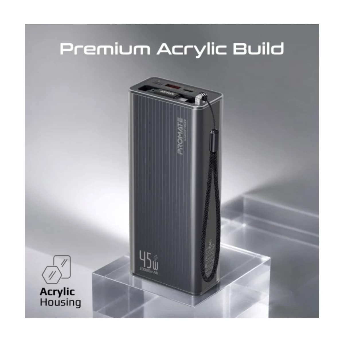 Promate 20000mAh Power Bank Lucid-45W with 45W USB-C PD Fast Charging, Retractable USB-C Cable, LED Digital Display, Triple Device Charging for iPhone, Galaxy, iPad & more thumbnail 5