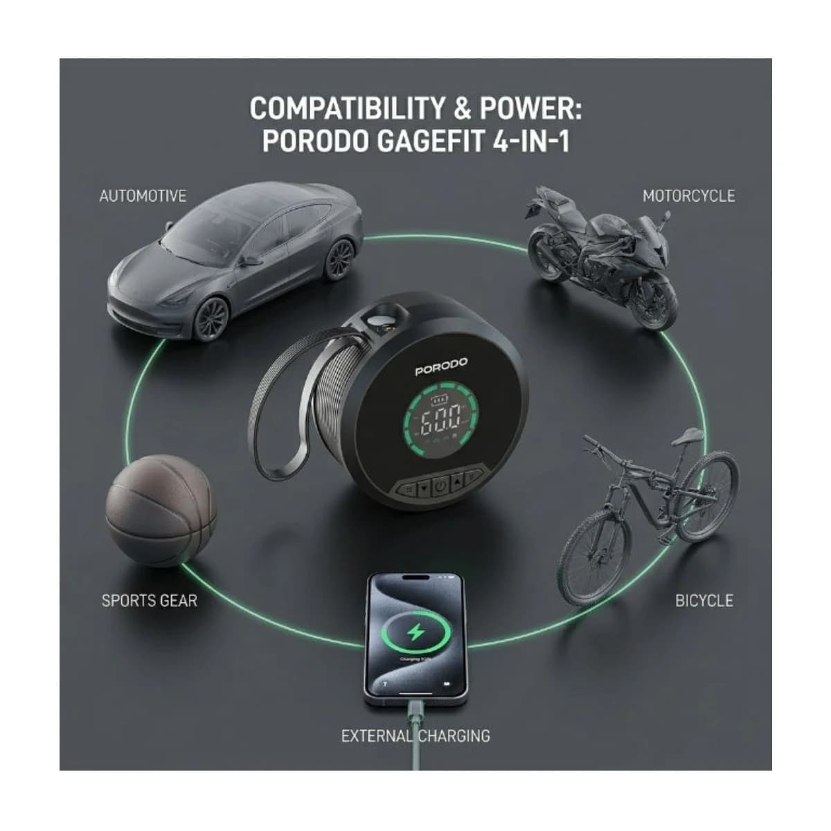 Porodo Gagefit 4-in-1 Car Jump Starter 1000A, Digital Air Inflator 150PSI, Power Bank 8000mAh - Black thumbnail 4