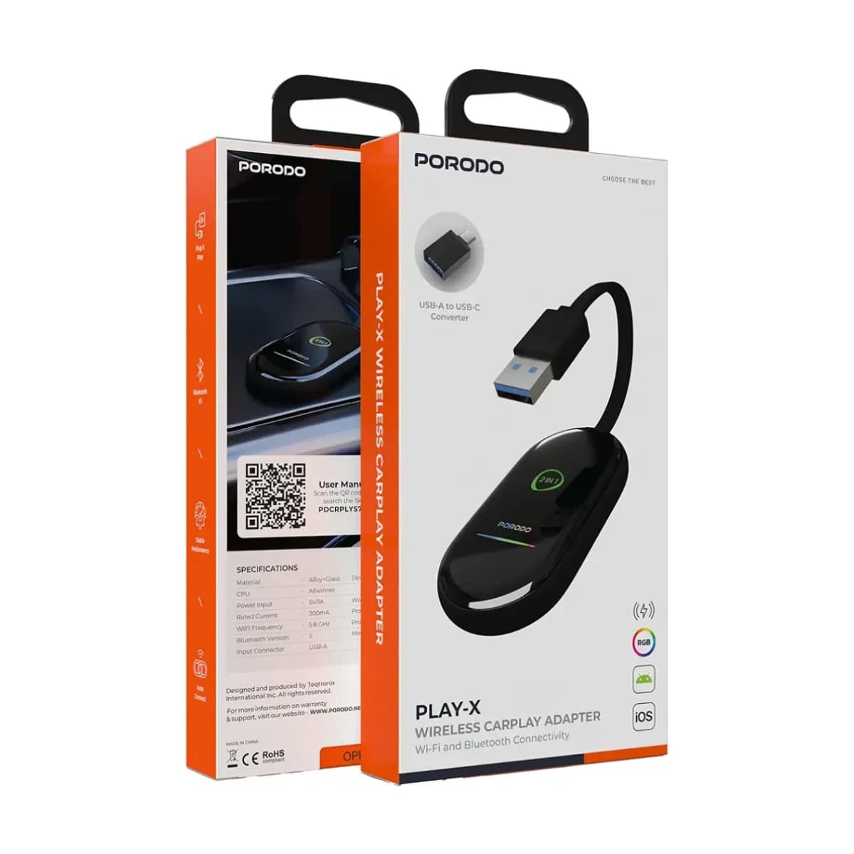 Porodo Play X Wireless CarPlay Adapter with Wi-Fi and Bluetooth Connectivity - Black thumbnail 4