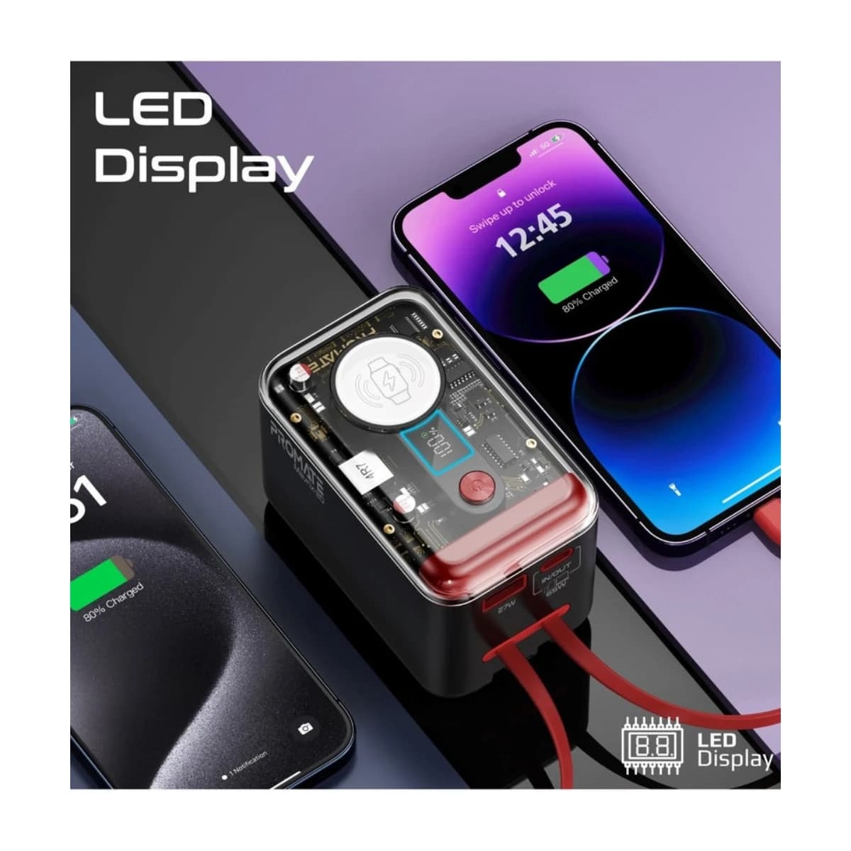 Promate 20000 MAH Mavrix 20 Power Bank 20000mAh 5 in 1 Charger with Built in USB-C Lightning Cable PD 65W USB-C Port 27W USB A Port 3W Apple Watch Charger LED Display Multi Protect Safety Systemfor iPad iPhone 17 17 Pro Max Samsung S26 Ultra Red - Black thumbnail 2