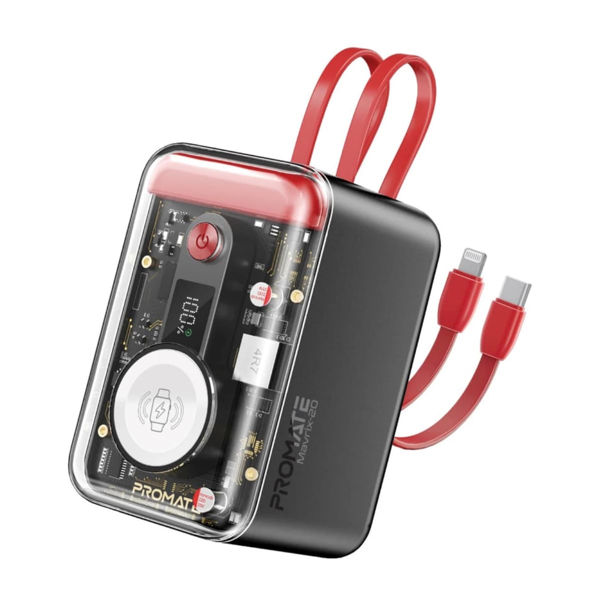 Promate 20000 MAH Mavrix 20 Power Bank 20000mAh 5 in 1 Charger with Built in USB-C Lightning Cable PD 65W USB-C Port 27W USB A Port 3W Apple Watch Charger LED Display Multi Protect Safety Systemfor iPad iPhone 17 17 Pro Max Samsung S26 Ultra Red - Black thumbnail 1