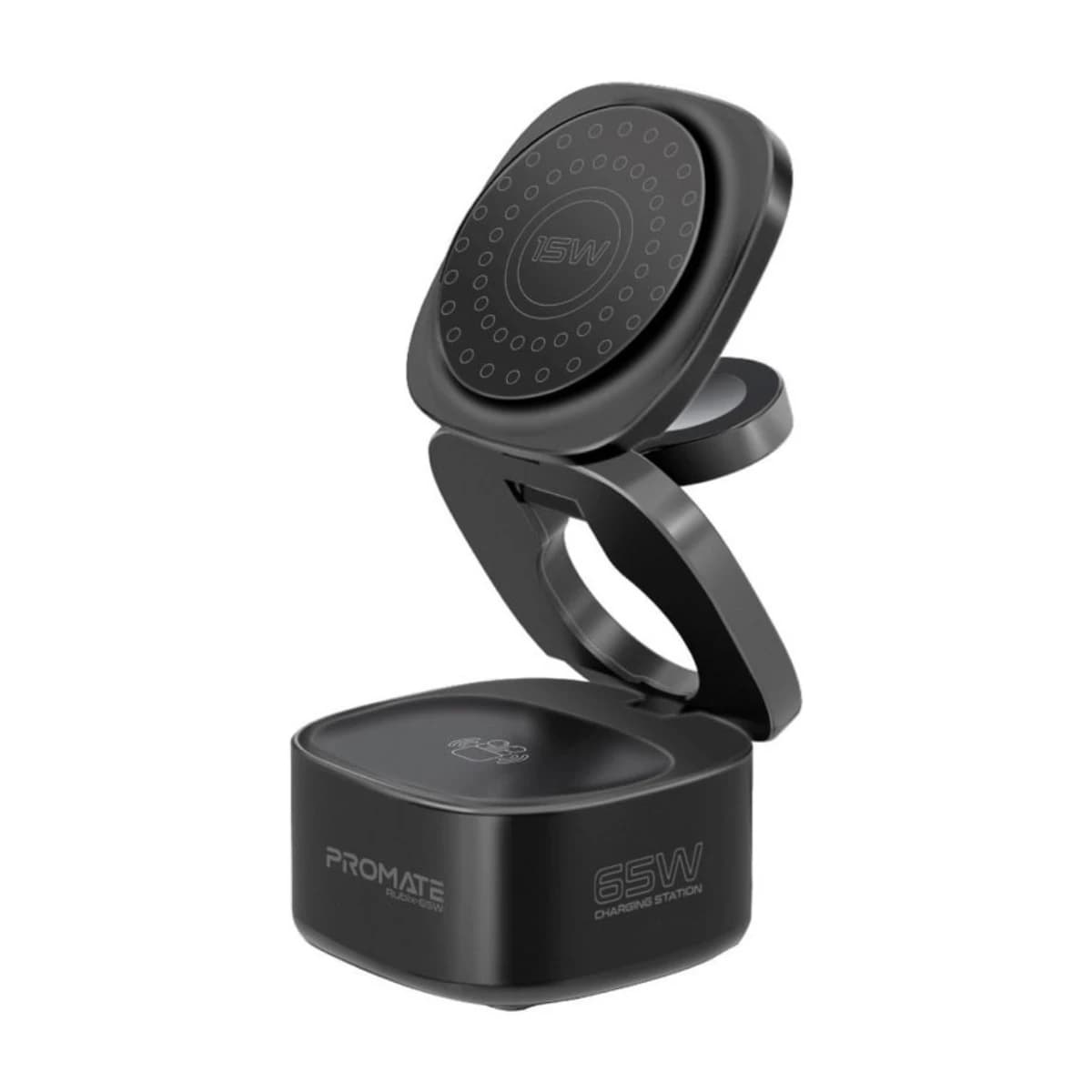 PROMATE Foldable 4-in-1 GaNFast  65W Magsafe Compatible Charging Station with 15W Wireless Pad, AirPods and Apple Watch Fast Charging, Qualcomm QC 3.0 USB-A, 45W USB-C Power Delivery Port, Rubix-65W black thumbnail 1