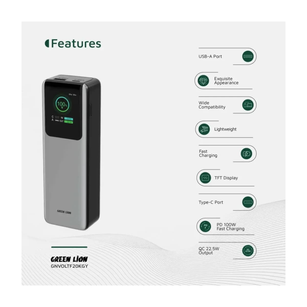 Green Lion Voltura 20000mAh Power Bank PD100W - Grey thumbnail 3