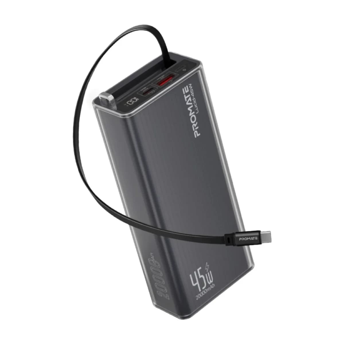 Promate 20000mAh Power Bank Lucid-45W with 45W USB-C PD Fast Charging, Retractable USB-C Cable, LED Digital Display, Triple Device Charging for iPhone, Galaxy, iPad & more thumbnail 1