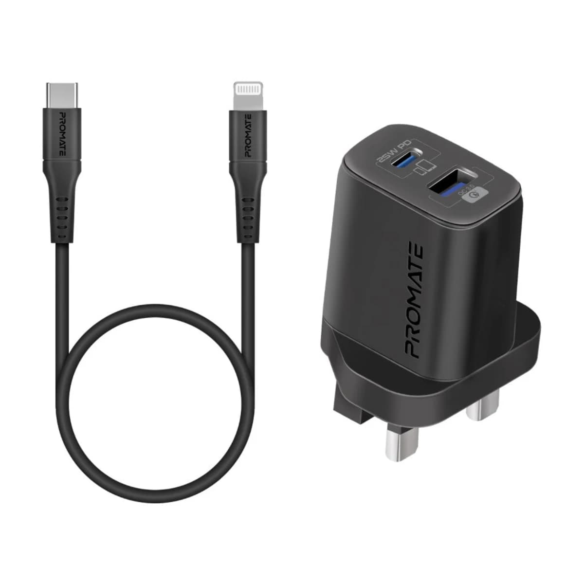 Promate iPhone 17 Charger USB-C Adapter and Cable Set for iPhone 17 Pro with Dual Port AC Charger 25W Power Delivery 18W QC 3 0 27W Type C to Lightning Silicone Cable Data Sync and Adaptive Charging - Black thumbnail 1