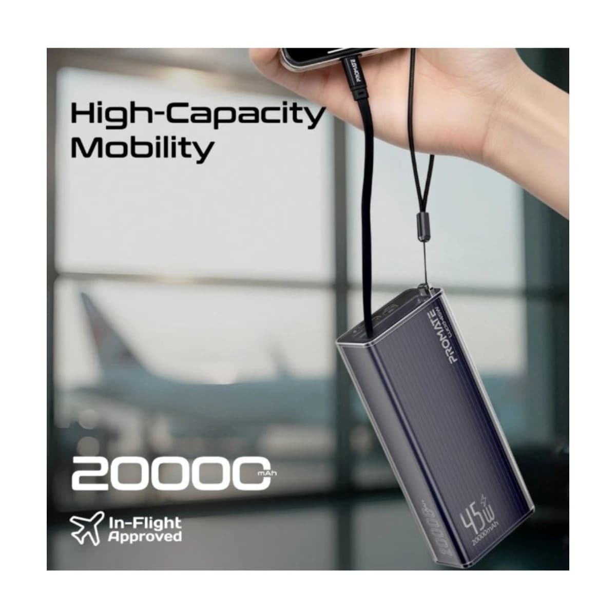 Promate 20000mAh Power Bank Lucid-45W with 45W USB-C PD Fast Charging, Retractable USB-C Cable, LED Digital Display, Triple Device Charging for iPhone, Galaxy, iPad & more thumbnail 4