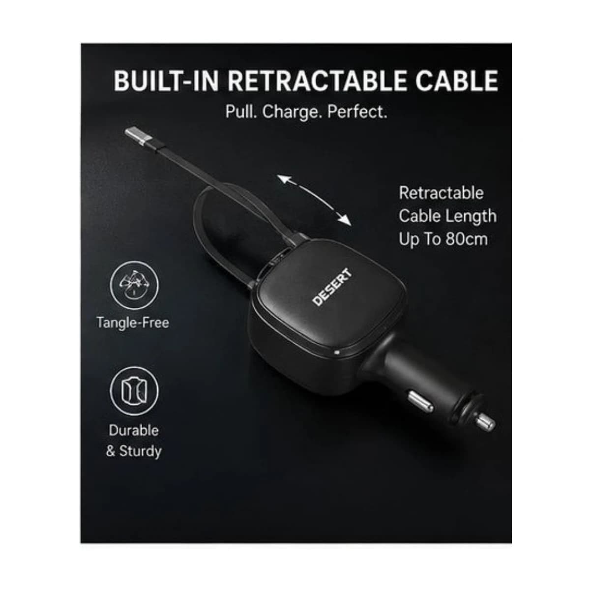Desert DS-3108 90W Car Charger with Retractable Cable, USB-A & USB-C PD thumbnail 3