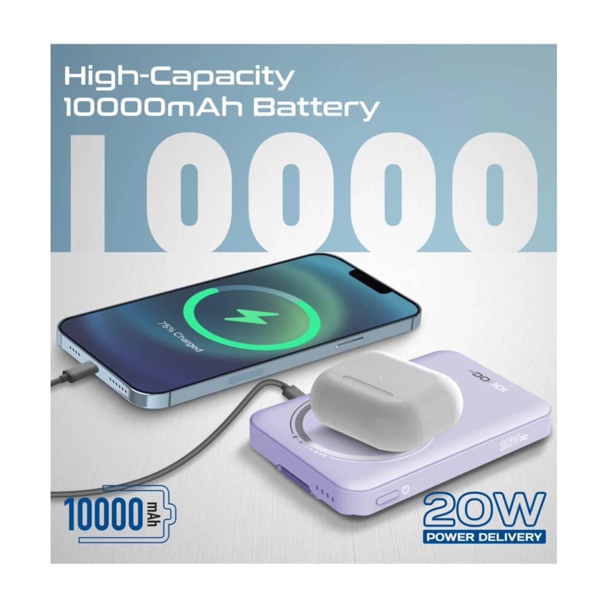 Promate10000 MAH Mavrix 3 10000mAh Magsafe Power Bank with Apple Watch Charger 15W Wireless 20W USB-C PD Fast Charging N52 Magnetic Kickstand Tsa Approved for iPhone 17 17pro 16 Samsung S26 S25 Purple - Purple thumbnail 4