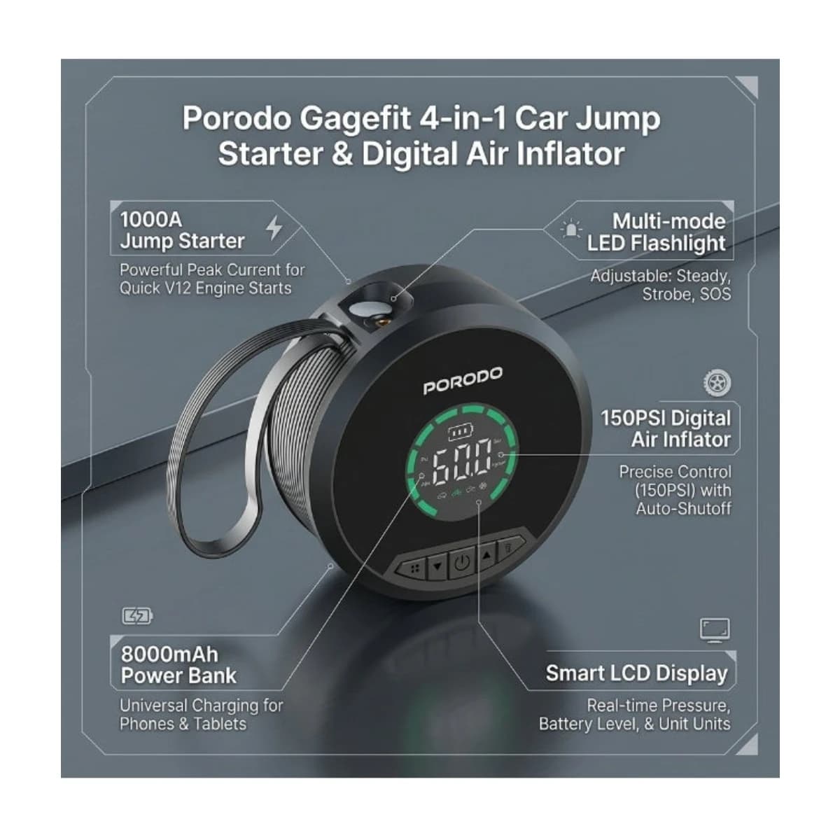Porodo Gagefit 4-in-1 Car Jump Starter 1000A, Digital Air Inflator 150PSI, Power Bank 8000mAh - Black thumbnail 2