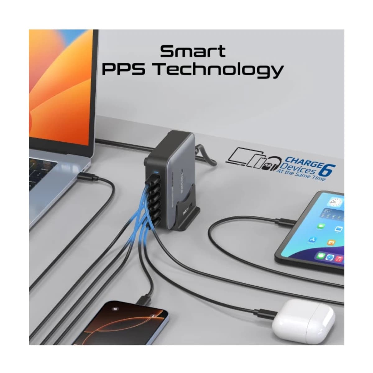 Promate Powerbase Gan285 285W GAN Charging Station 6 Port USB-C Desktop Charger with Pps 100W 65W 30W Outputs Overheat Protection Stand and 1 5m Cable for Macbook iPhone Galaxy UK Grey thumbnail 4