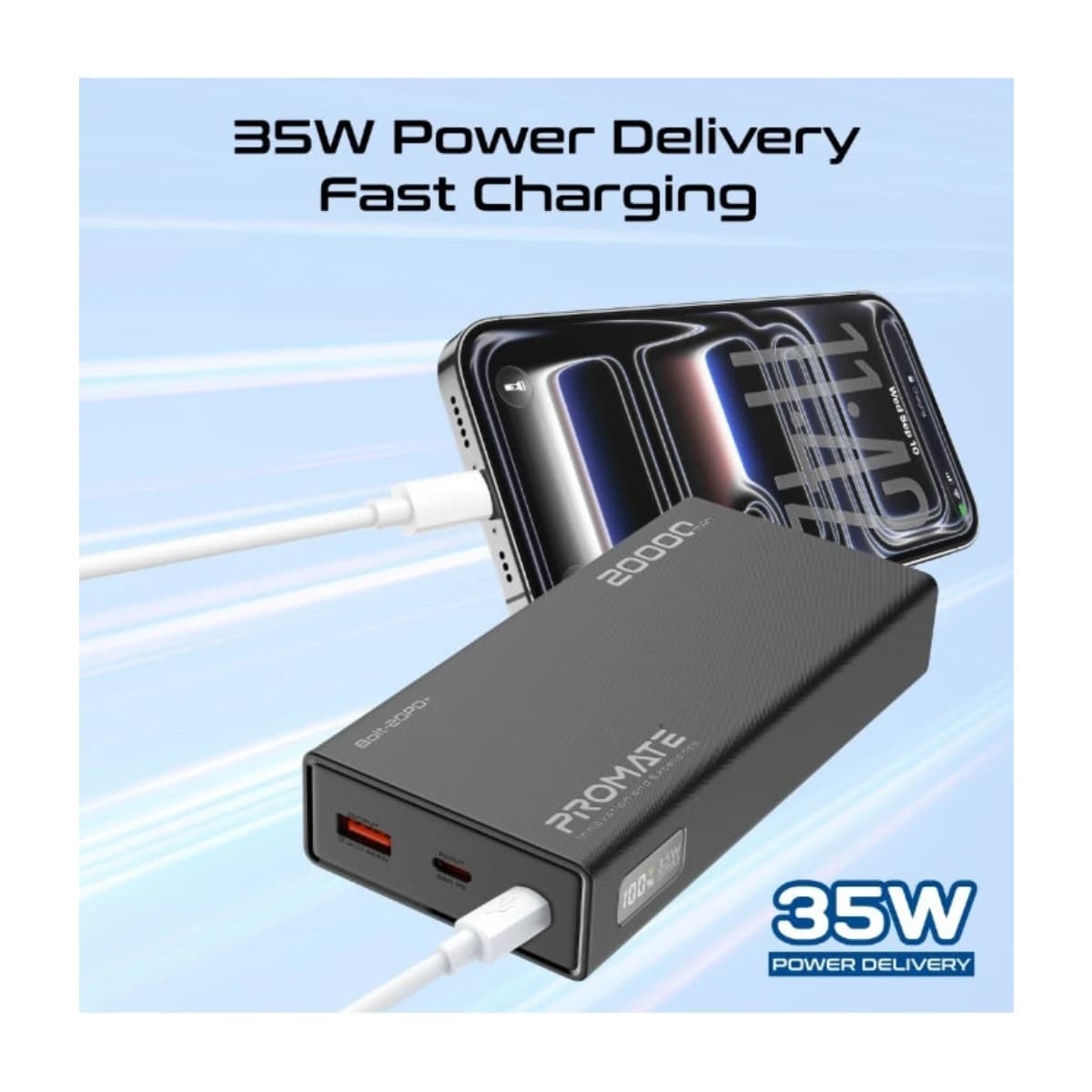 PROMATE Bolt-20PD+ 20000mAh Power Bank 35W USB-C PD Fast Charging, Dual USB-C In/Out, Triple Device Charging, LED Battery Display, Portable Travel Charger Black thumbnail 4