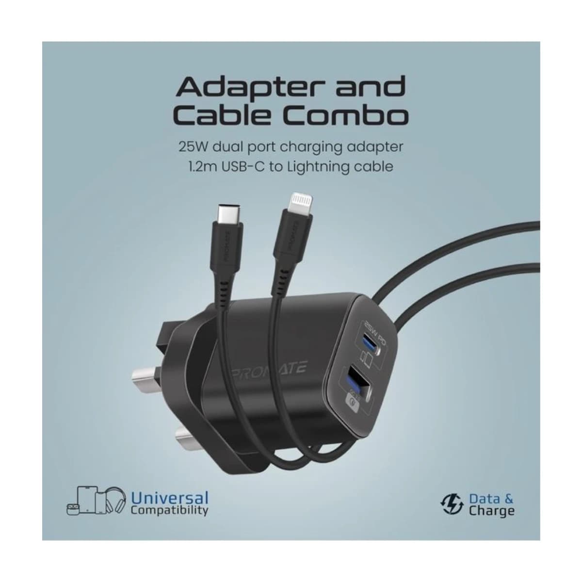 Promate iPhone 17 Charger USB-C Adapter and Cable Set for iPhone 17 Pro with Dual Port AC Charger 25W Power Delivery 18W QC 3 0 27W Type C to Lightning Silicone Cable Data Sync and Adaptive Charging - Black thumbnail 2