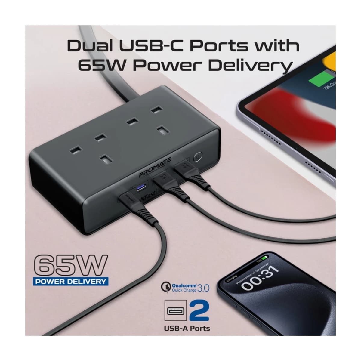 Promate 65W Power Delivery GaNFast™ Charging Station with 3250W Dual AC Socket thumbnail 4