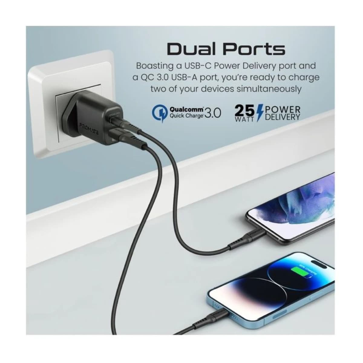 Promate iPhone 17 Charger USB-C Adapter and Cable Set for iPhone 17 Pro with Dual Port AC Charger 25W Power Delivery 18W QC 3 0 27W Type C to Lightning Silicone Cable Data Sync and Adaptive Charging - Black thumbnail 4