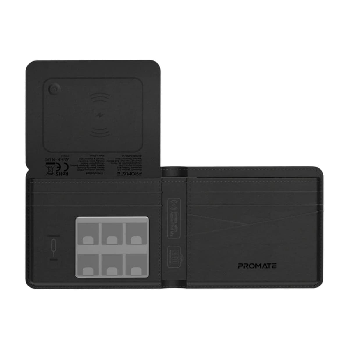 Promate ProWallet Anti-Loss Leather Wallet with Apple Find My, Wireless Charging, RFID Protection, Built-in Speaker, Bluetooth 5.2, Slim Design, SIM/MicroSD Slots, 6 Month Battery Life Black thumbnail 1