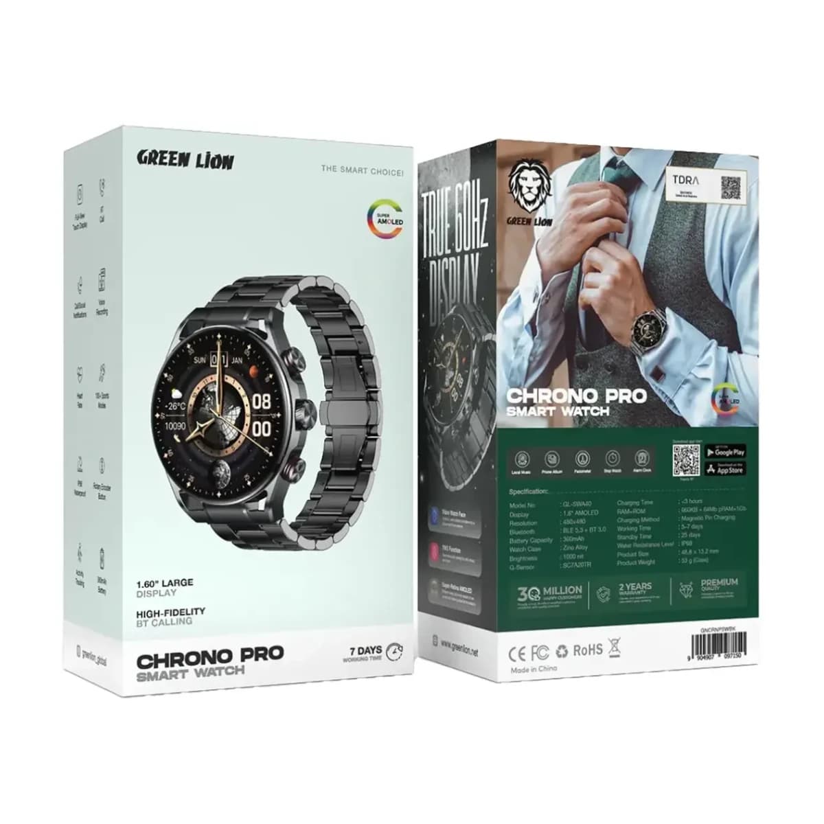 Green Lion Chrono Pro Smart Watch - Full-View Touch Display, Voice Recording, Bluetooth 5.3, Magnetic Pin Charging, 360mAh Battery, IP68 Water-Resistant, 5-7 Days Working Time, 25 Days Standby, 1GB Flash Memory - Preview 2