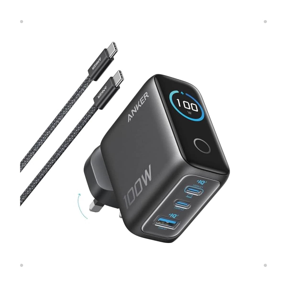 100W Max USB-C Charger, 3-Port GaN Wall Adapter with Smart Display & Touch Control - Preview 1