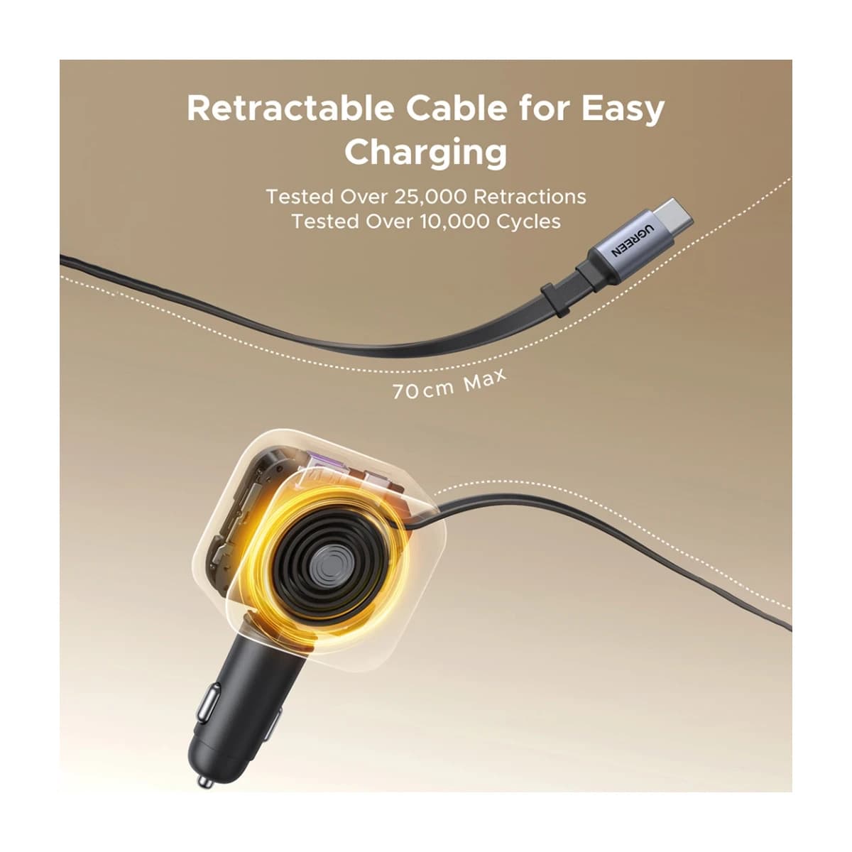 UGREEN 60W Retractable USB-C Car Charger with Cable - Preview 2