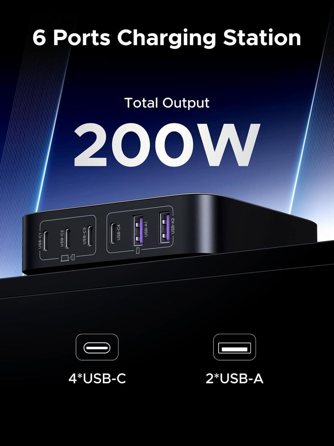 UGREEN Nexode 200W 6-Port GaN USB-C Charging Station with 100W Cable - Preview 3