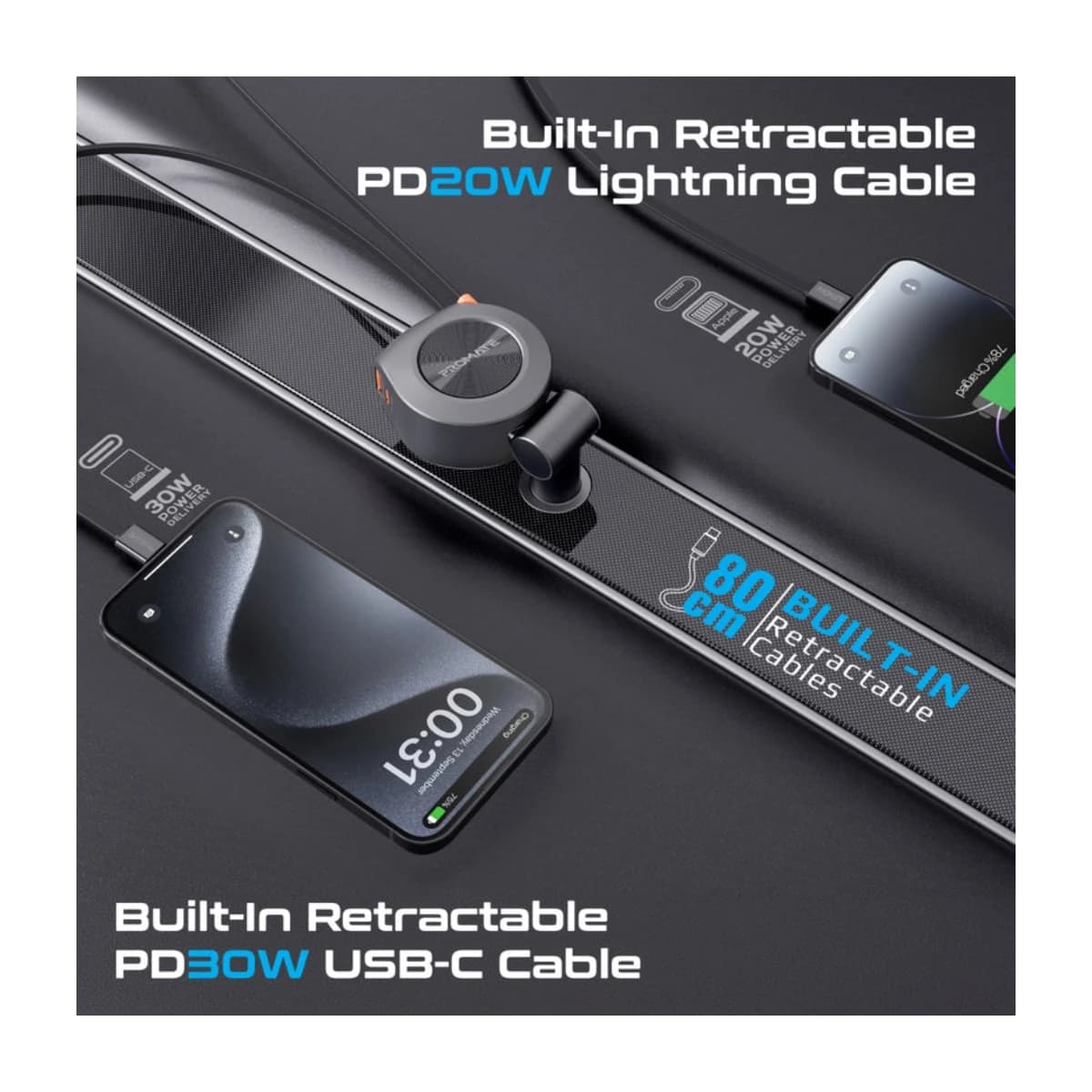 Promate 88W Multi-Port Car Charger with Dual Retractable USB-C Cables - Preview 4