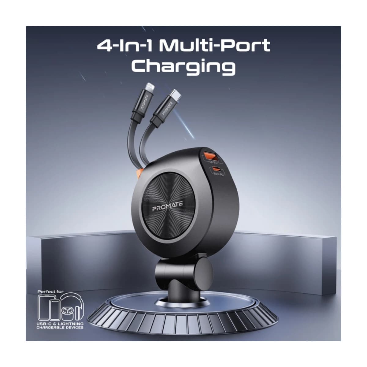 Promate 88W Multi-Port Car Charger with Dual Retractable USB-C Cables - Preview 2