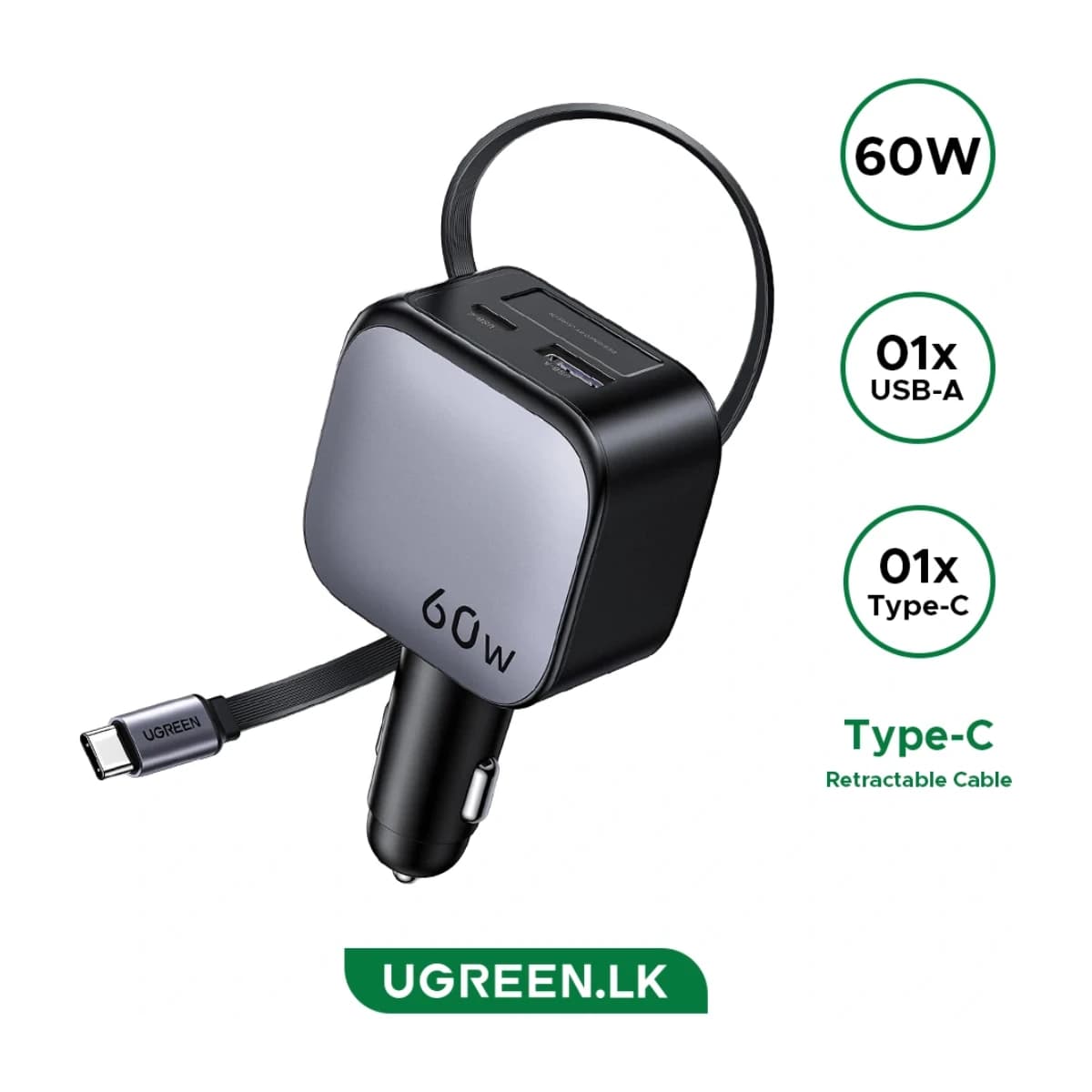 UGREEN 60W Retractable USB-C Car Charger with Cable - Preview 1